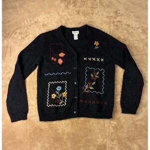 VTG 90s Womens Black Embroidered Patchwork Cardigan Sweater M 10-12 Teacher Core